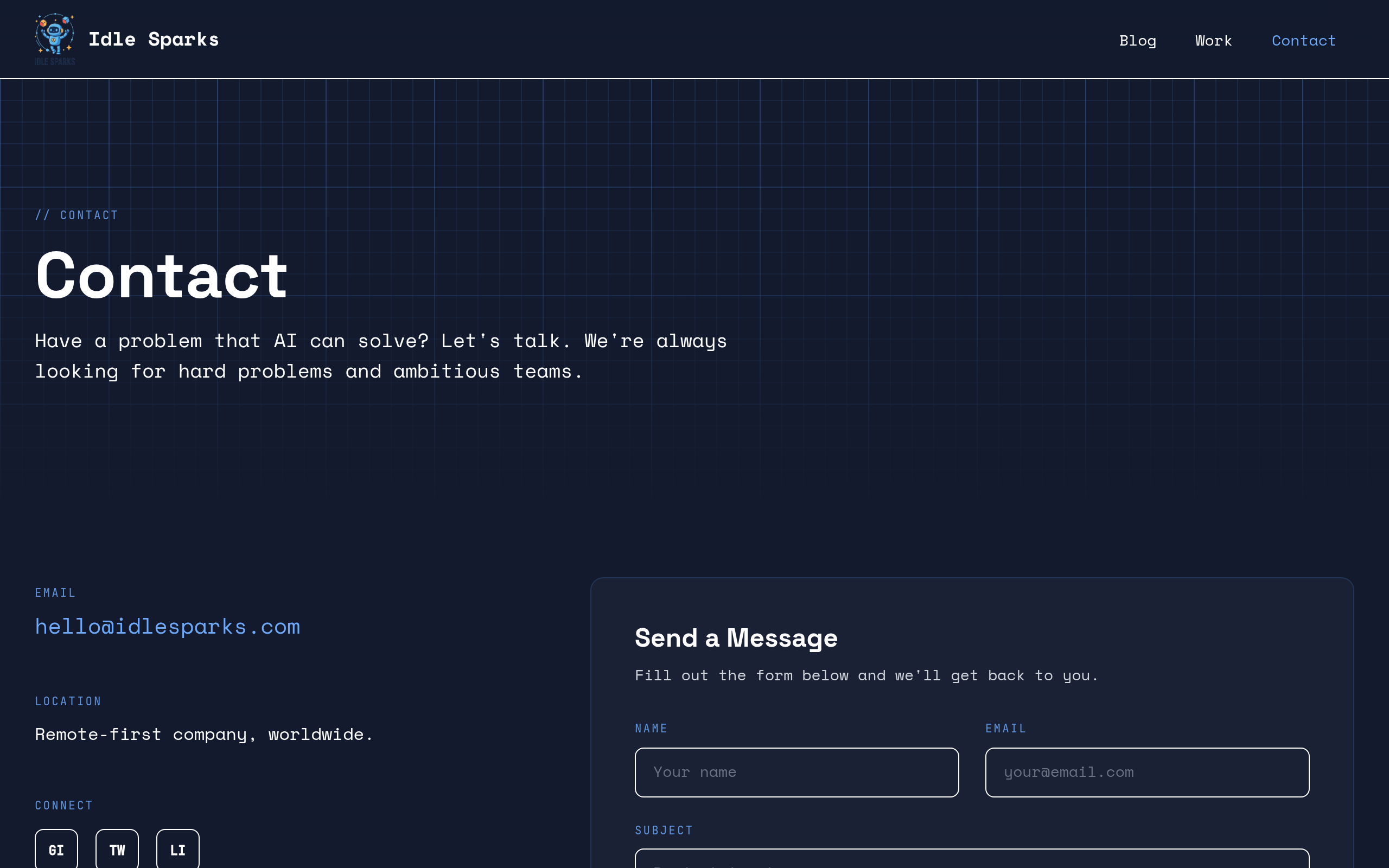 IdleSparks contact page